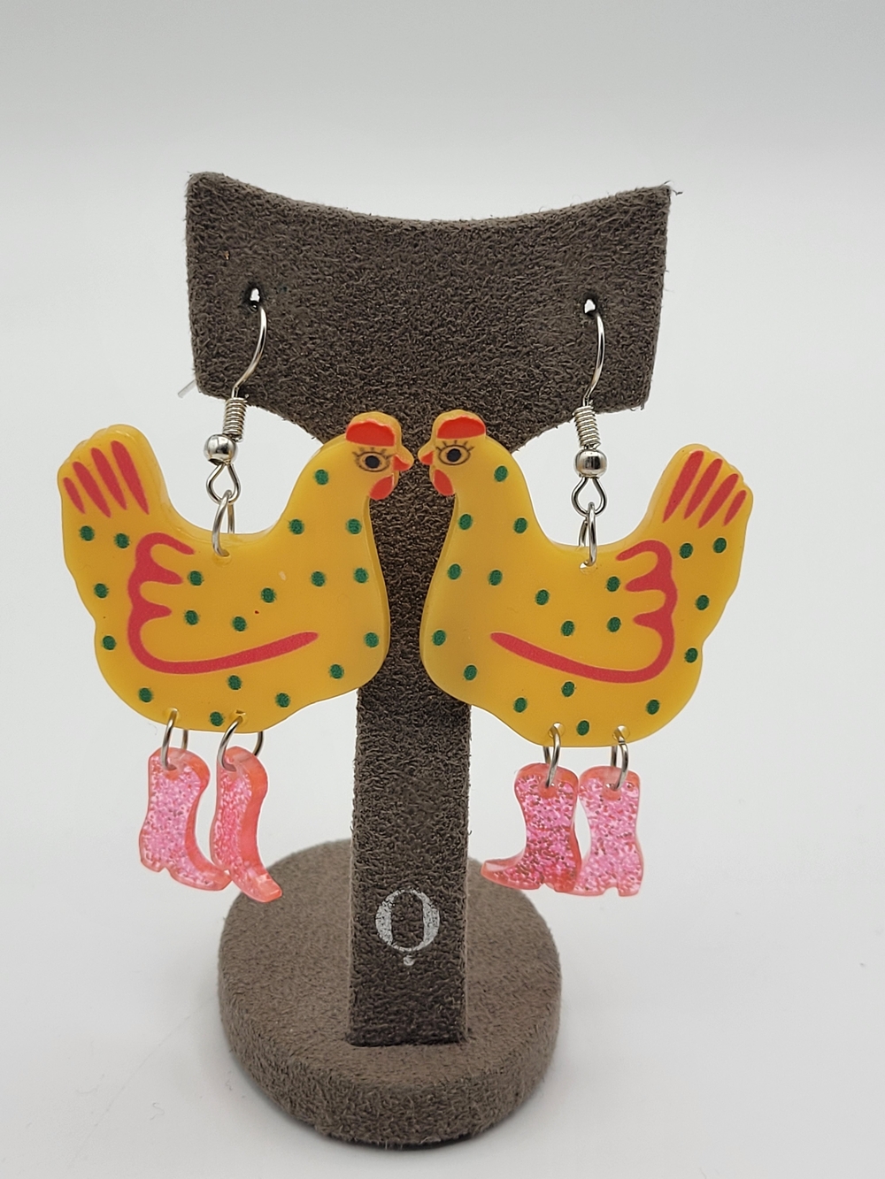 Funny Funky Yellow pink Glitter Chicken Dangle earrings - Picture 4 of 8